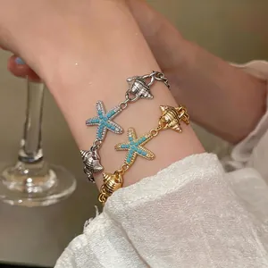 Bracciale a Catena con Conchiglia e Stella Marina in Lega Vacanza Oceano Gioielli Moda Donna Perline Blu Oro Argento Bracciale