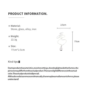 Detailed specification chart showing 77cm length and stone material for this long necklace.