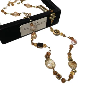 Vintage butterfly flower beaded necklace with brown crystal and ceramic accents
