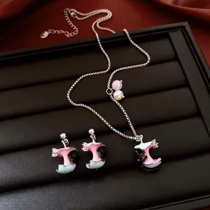 Cute Apple Core Black Cat Necklace And 925 Sterling Silver Earring Post Copper Zirconia Enamel Jewelry For Women Fashion Gift