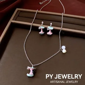 Cute zircon enamel apple core cat jewelry set for women