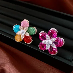 18K Gold Plated Zirconia Flower Open Ring For Women Luxury Fashion Copper Floral Adjustable Finger Ring High-end Jewelry Gift