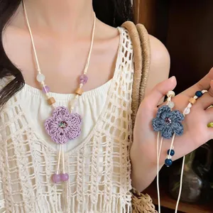 Handmade Woven Flower Pendant Necklace With Ceramic Wood Beads Resort Style Long Sweater Chain For Women Jewelry