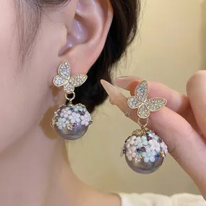 Luxury Alloy Rhinestone Butterfly 3D Flower Artificial Pearl Earrings With 925 Sterling Silver Earring Post For Women Jewelry