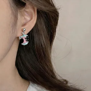 Cute cat on apple core drip oil zircon earrings for women fashion jewelry gift