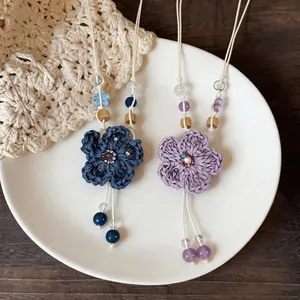 Bohemian handmade crochet flower necklace with wooden and ceramic beads for women