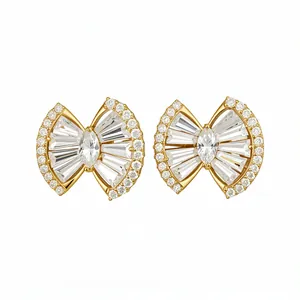 Exquisite 18k gold plated silver needle geometric stud earrings featuring clear zircon stones
