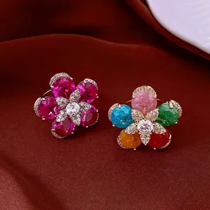 Exquisite 18k gold plated zircon flower open rings in pink and multi-color styles