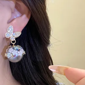 Silver needle butterfly and pearl drop earrings with sparkling rhinestones for women