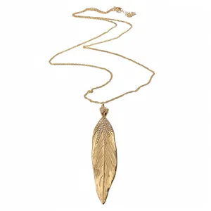 Elegant gold-tone leaf pendant necklace featuring shimmering rhinestone accents for women