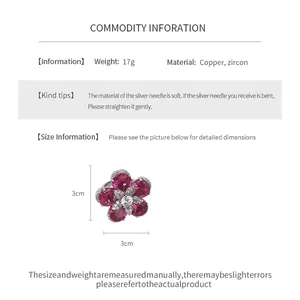 Detailed information page for a zircon flower ring with 3cm dimensions and materials.
