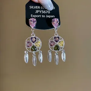 Vintage zircon flower tassel drop earrings in silver with colorful heart-shaped stones
