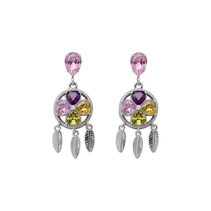 Vintage royal style zircon flower tassel earrings with colorful heart-shaped stones