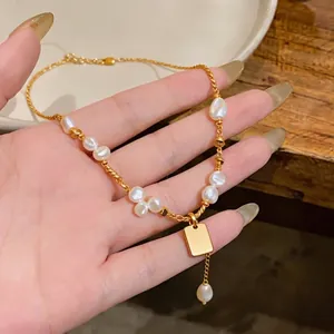 Elegant gold finish pearl necklace with a minimalist rectangular pendant for women