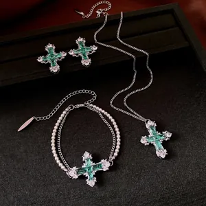 Retro Emerald Green Zirconia Cross Jewelry Set For Women Silver Plated Artificial Pearl Double Layer Bracelet Necklace Stud Earrings