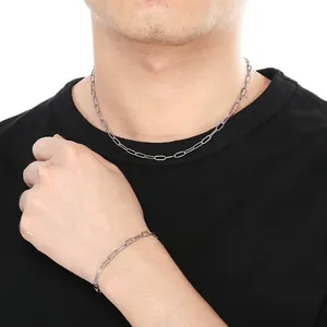 Minimalist silver titanium steel cross chain necklace and bracelet set for men and women