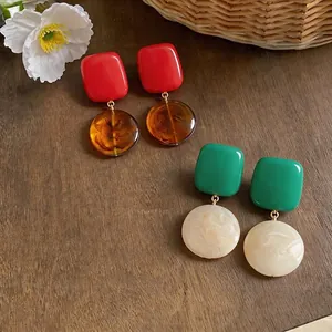 Stylish resin geometric stud earrings featuring colorful square and round resin pendants