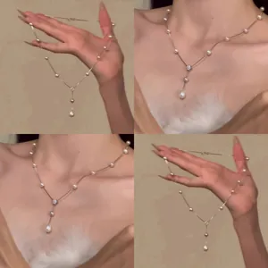 French Style Elegant Flower Artificial Pearl Beaded Necklace For Women High End Alloy Rhinestone Water Drop Pendant Clavicle Chain Jewelry