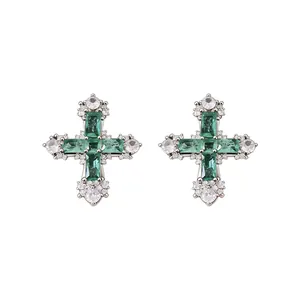 Vintage emerald green zircon cross stud earrings with sparkling silver finish