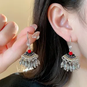 Boucles d'Oreilles Pendantes Ethnique Vintage Cuivre Moissanite Strass Grains de Riz à Franges Femme Géométrique Bijoux