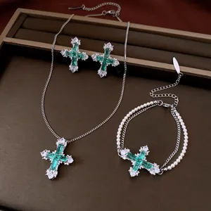 Exquisite emerald green cross jewelry set with necklace, pearl bracelet and earrings