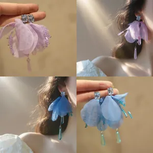 Pendientes de Botón de Gasa con Flores Estilo Dulce de Vacaciones Poste de Plata Diamantes de Imitación para Mujer