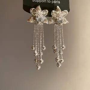 Elegant 18k gold plated silver needle flower earrings with zircon and beaded tassels