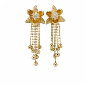 Elegant 18k gold plated flower stud earrings with zircon crystals and long ball chain tassels.