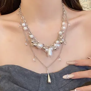 French Style Multi Layered Artificial Pearl Necklace With Teardrop Pendant Silver Tone Clavicle Chain Elegant Women Jewelry