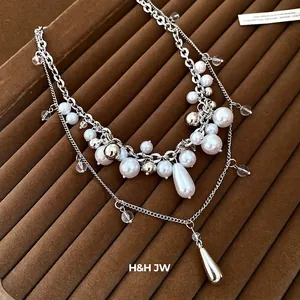 Elegant French style multi-layer pearl necklace with silver chain and metal drops for gowns