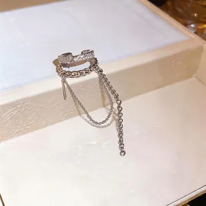 Elegant double-layer silver zircon ear cuff with minimalist dangling tassel chain earrings
