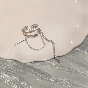 Double layered silver ear cuff with sparkling zircon inlay and long tassel chain