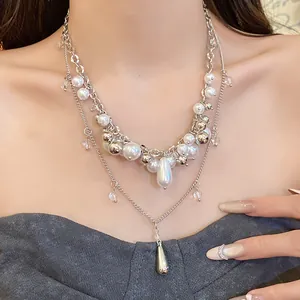 Elegant French style layered pearl necklace with silver metallic sphere accents