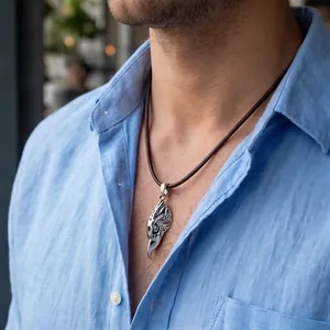 Detailed close-up showing a vintage punk style stainless steel eagle pendant for men