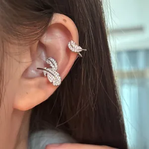 Light Luxury Copper Feather Ear Cuff With Zirconia Inlaid Silver Color Non Pierced Ear Bone Clip Jewelry For Women