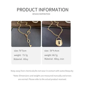Product information chart for key and lock pendant necklaces including sizes and weights