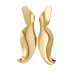 Elegant minimalist gold geometric twisted earrings with abstract leaf drop design