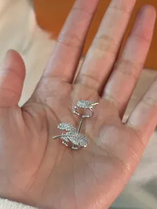 Detailed view of fashionable silver feather ear clips encrusted with small zircon stones