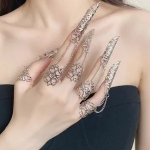 Gothic style silver hollow finger armor rings set with elegant chain links for women
