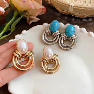 Orecchini a Bottone Ovali Geometrici Vintage con Turchese e Perla Artificiale per Donna Perno in Acciaio Oro Argento