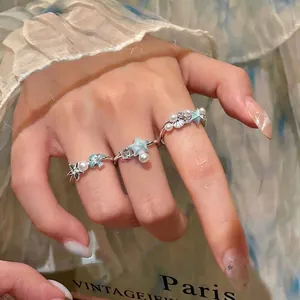 Fresh Enamel Blue Starfish Shell Open Ring For Women Copper Zirconia Artificial Pearl Summer Resort Fashion Jewelry Gift