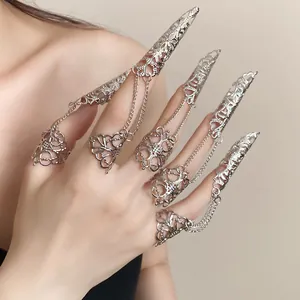 Gothic style silver hollow finger armor rings set with elegant chain connectors