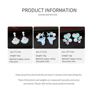 Detailed information sheet showing ocean-themed zircon and pearl shell earrings.