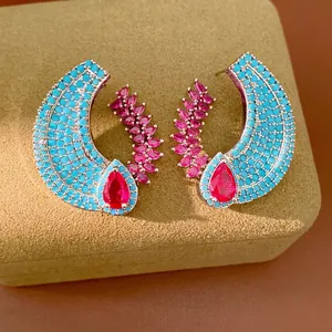 Vintage crescent earrings with turquoise beads and red teardrop zircon stones