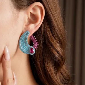 Vintage teardrop zircon earrings with turquoise beads and magenta accents for women