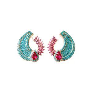 Vintage-style crescent earrings with turquoise beads and red zircons
