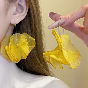 Elegant yellow chiffon flower petal drop hook earrings for resort and summer wear