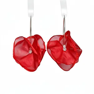Elegant red chiffon flower drop earrings with silver hoops and sparkling rhinestones