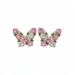 Exquisite vintage gold-tone butterfly stud earrings set with pink and white zircons