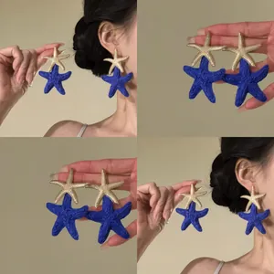 Beach Vacation Style Raffia Starfish Stud Earrings For Women Bohemian Gold Metal Woven Straw Drop Earrings Jewelry